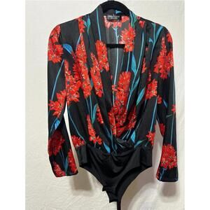 Zara Women  Black Red Floral Top Bodysuit Medium New NWOT